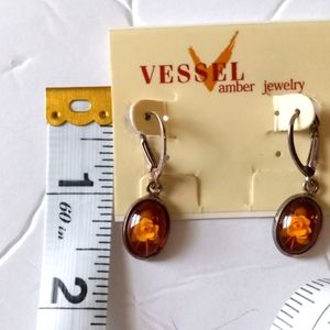 Vessel Amber and Sterling Silver Earrings w/ White Rose- Vintage- Made In Poland